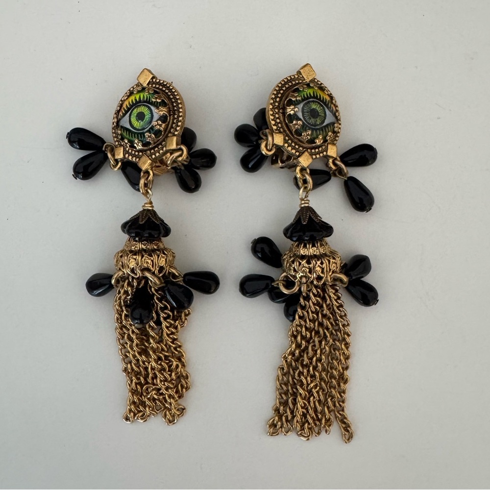 Brinker+Eliza Evil Eye Black Tassel Clip on Statement Earrings